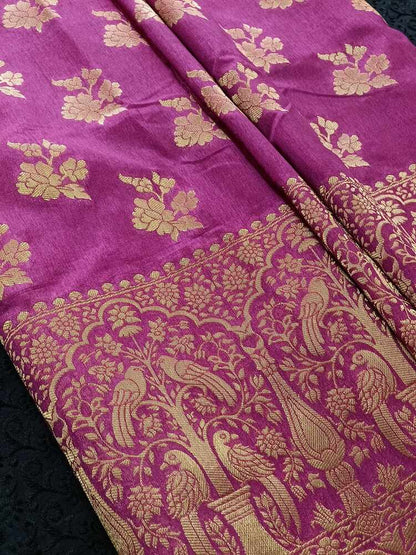 VIOLET PARROT PEACOCK ROSE BUTTA MOTIFS BANARASI SEMI SILK SAREE