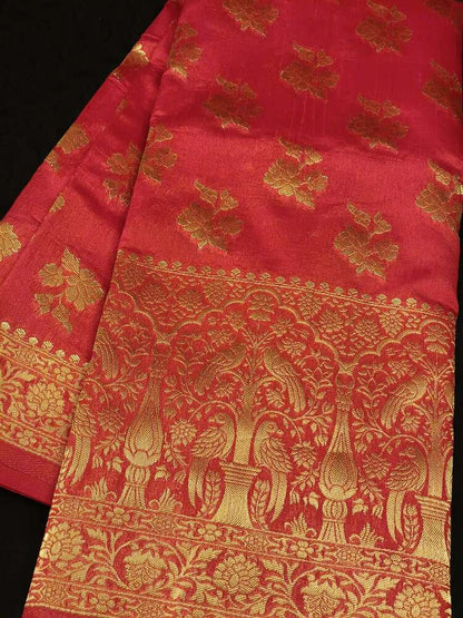 RED PARROT PEACOCK ROSE BUTTA MOTIFS BANARASI SEMI SILK SAREE