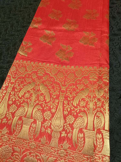 RED PARROT PEACOCK ROSE BUTTA MOTIFS BANARASI SEMI SILK SAREE