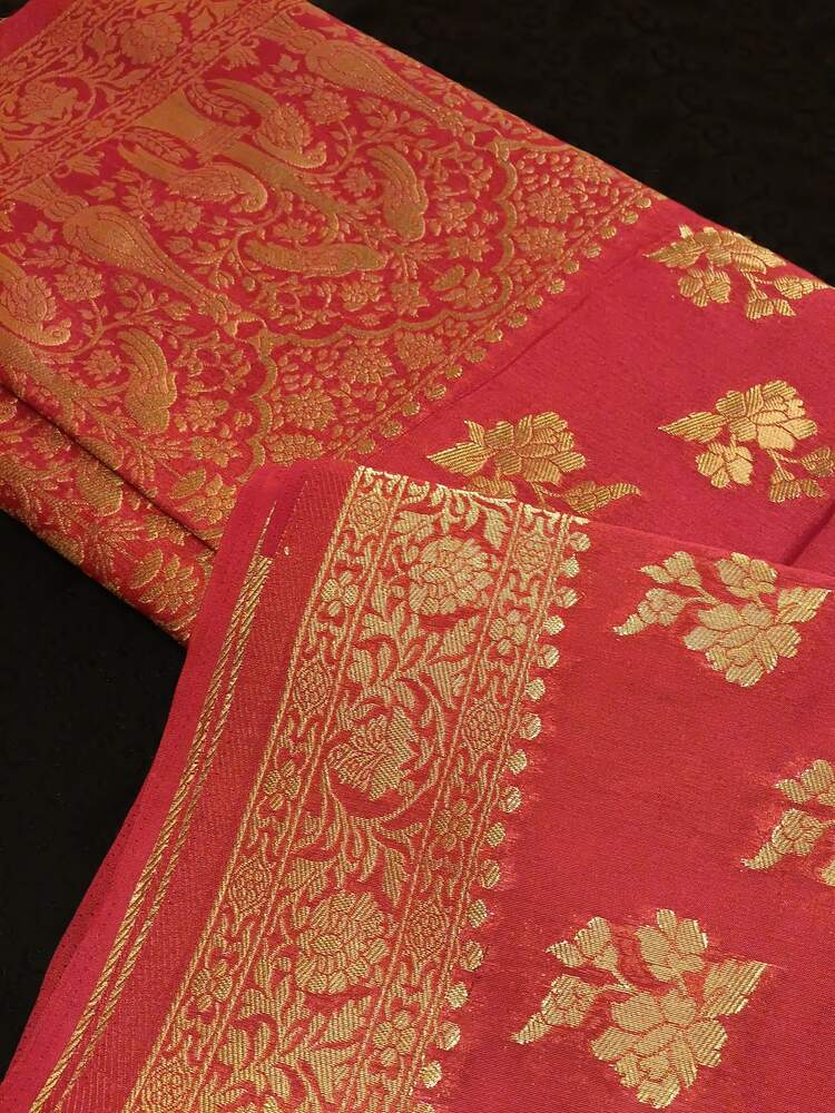 RED PARROT PEACOCK ROSE BUTTA MOTIFS BANARASI SEMI SILK SAREE