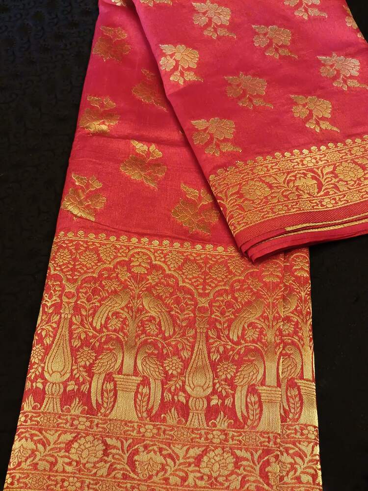 RED PARROT PEACOCK ROSE BUTTA MOTIFS BANARASI SEMI SILK SAREE