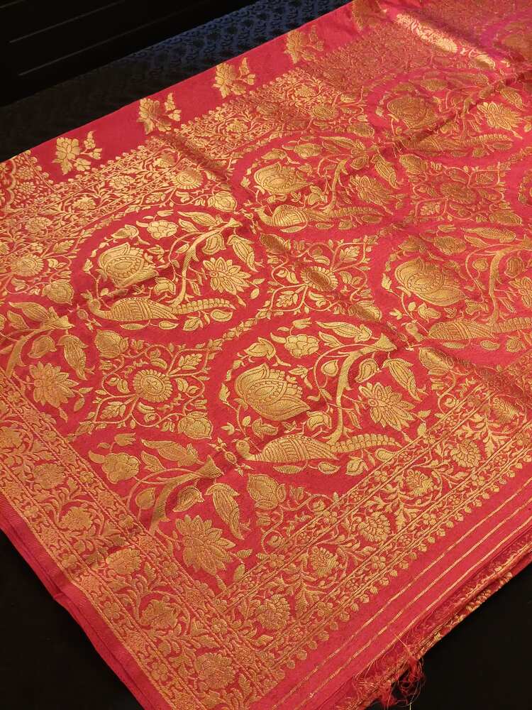 RED PARROT PEACOCK ROSE BUTTA MOTIFS BANARASI SEMI SILK SAREE