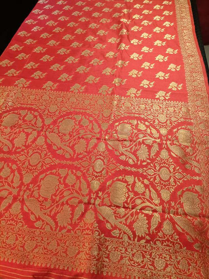 RED PARROT PEACOCK ROSE BUTTA MOTIFS BANARASI SEMI SILK SAREE