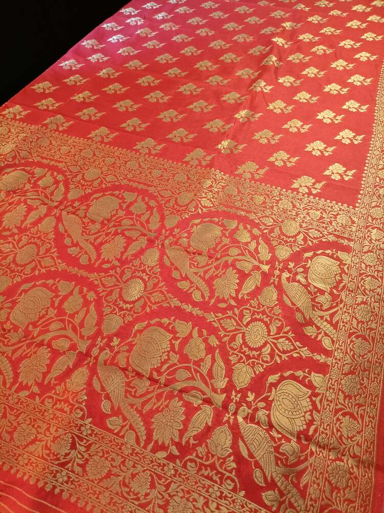 RED PARROT PEACOCK ROSE BUTTA MOTIFS BANARASI SEMI SILK SAREE