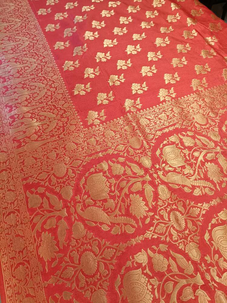 RED PARROT PEACOCK ROSE BUTTA MOTIFS BANARASI SEMI SILK SAREE