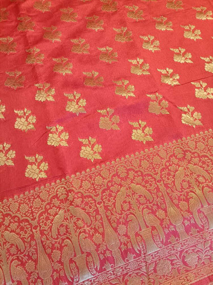 RED PARROT PEACOCK ROSE BUTTA MOTIFS BANARASI SEMI SILK SAREE