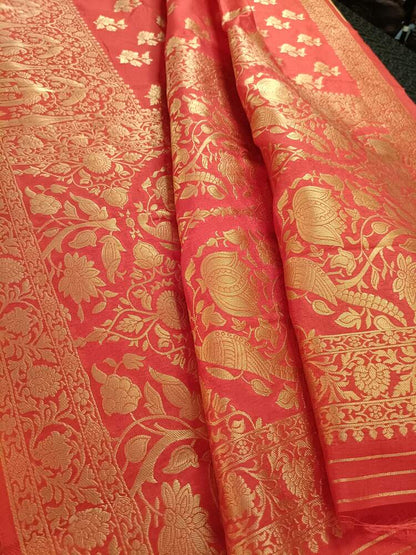 RED PARROT PEACOCK ROSE BUTTA MOTIFS BANARASI SEMI SILK SAREE