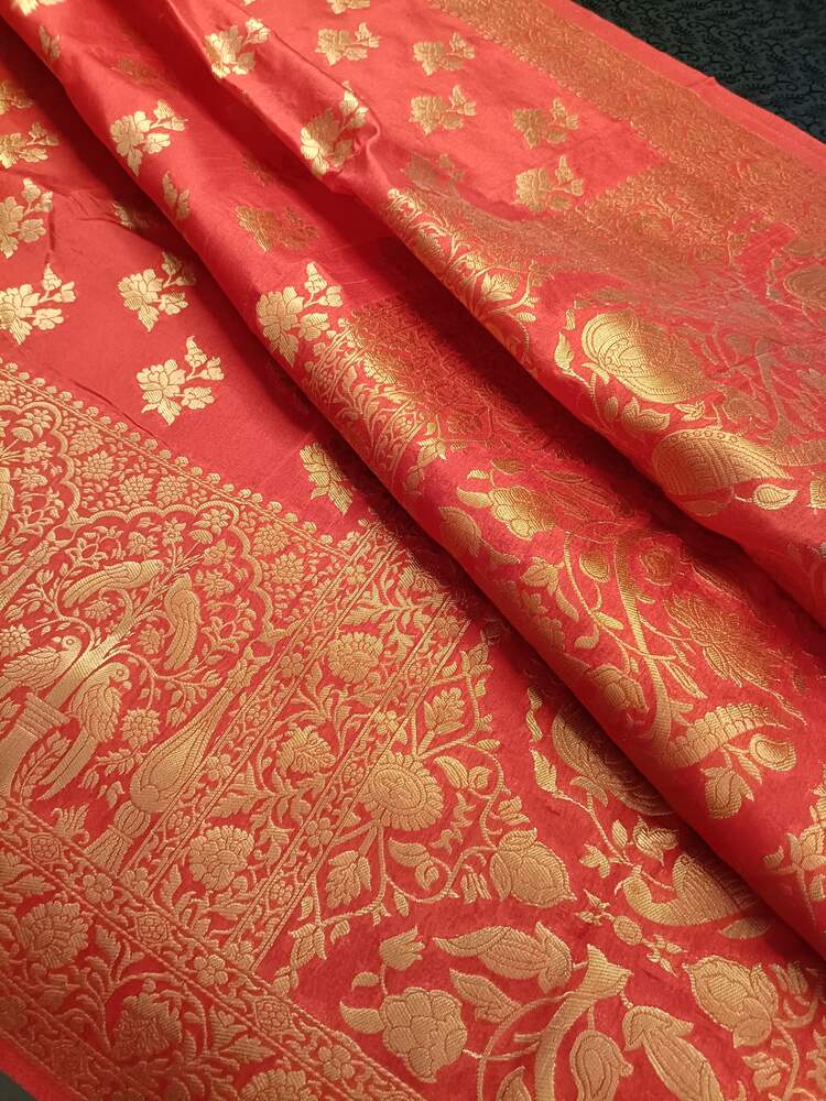 RED PARROT PEACOCK ROSE BUTTA MOTIFS BANARASI SEMI SILK SAREE