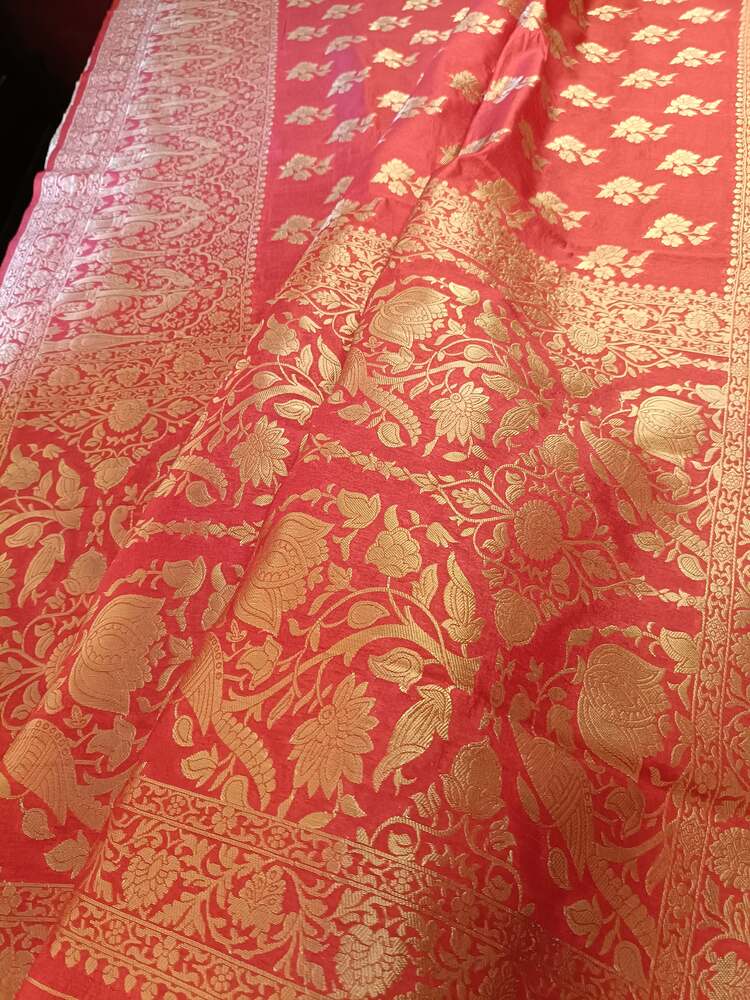 RED PARROT PEACOCK ROSE BUTTA MOTIFS BANARASI SEMI SILK SAREE