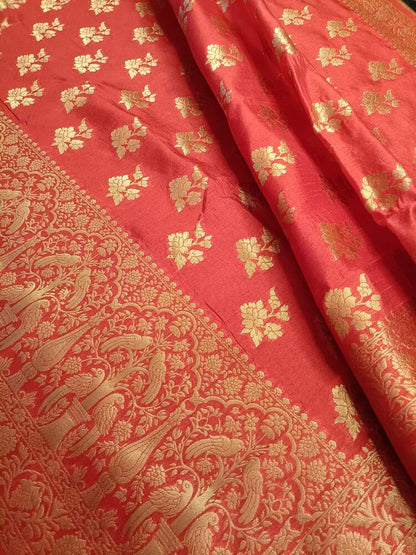 RED PARROT PEACOCK ROSE BUTTA MOTIFS BANARASI SEMI SILK SAREE