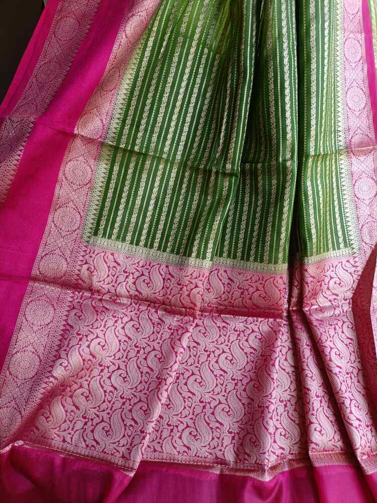 PARROT GREEN STRIPED BANARASI WAAM SILK SAREE