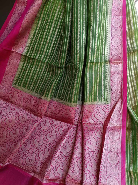 PARROT GREEN STRIPED BANARASI WAAM SILK SAREE