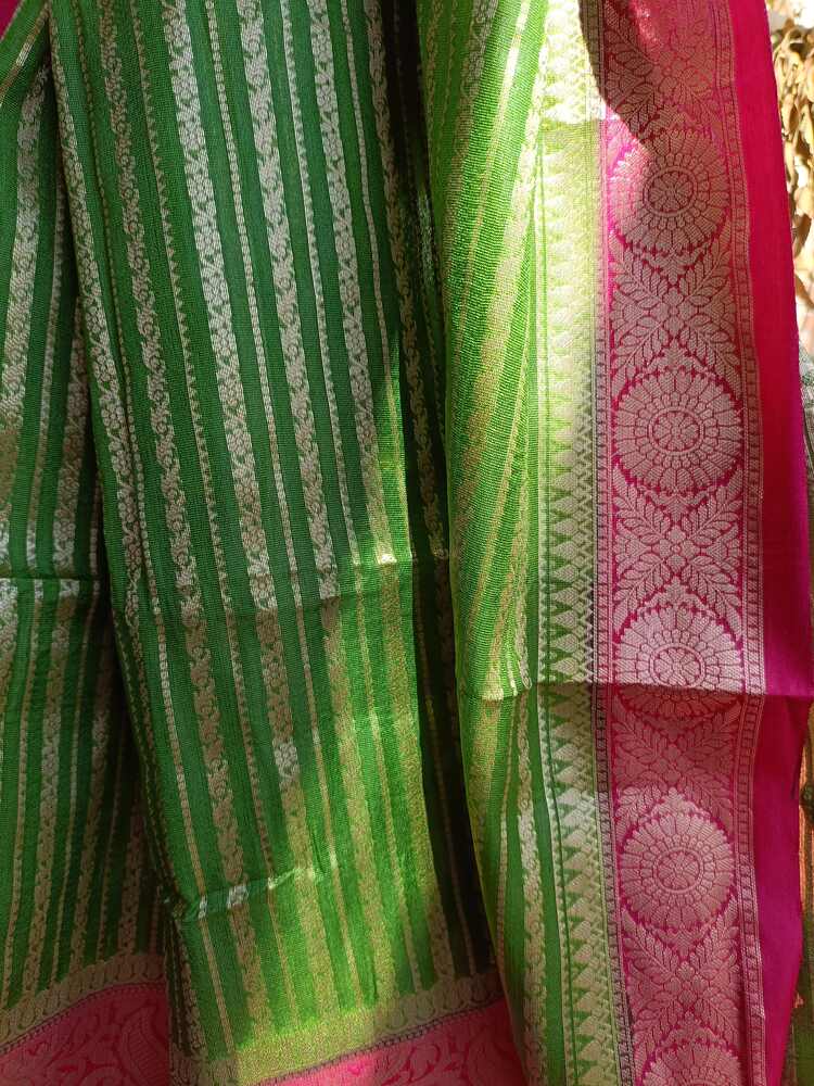 PARROT GREEN STRIPED BANARASI WAAM SILK SAREE