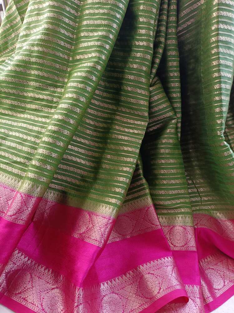 PARROT GREEN STRIPED BANARASI WAAM SILK SAREE