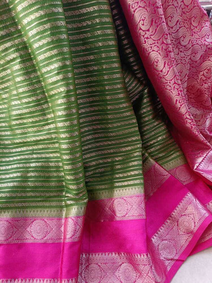 PARROT GREEN STRIPED BANARASI WAAM SILK SAREE