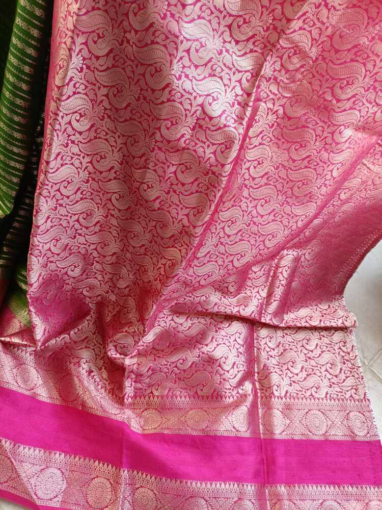 PARROT GREEN STRIPED BANARASI WAAM SILK SAREE