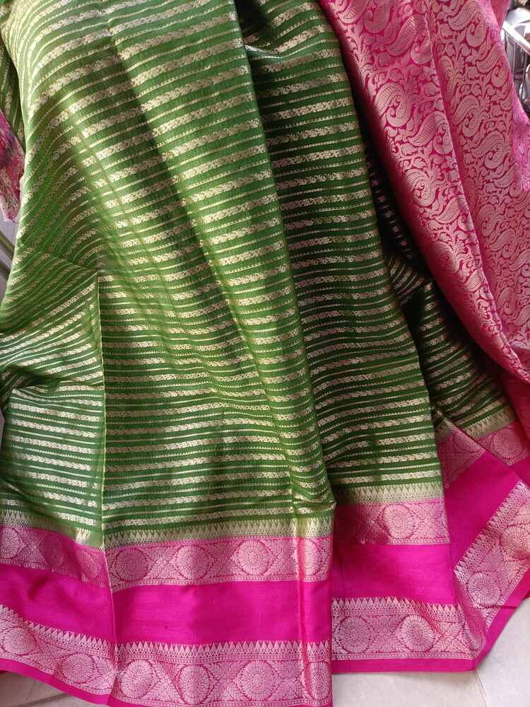 PARROT GREEN STRIPED BANARASI WAAM SILK SAREE