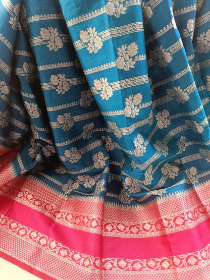 BLUE STRIPED FLORAL BANARASI WAAM SILK SAREE