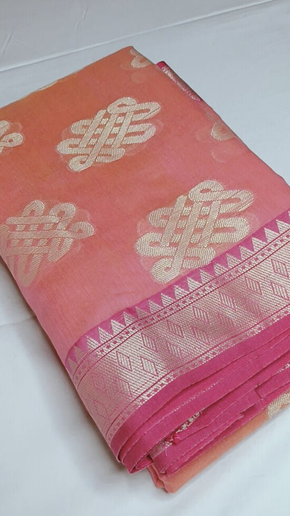 PEACH RANGOLI BANARASI COTTON WEAVE SAREE