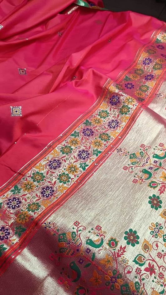 RANI PINK TEMPLE SEQUIN BANARASI KATAN SILK SAREE