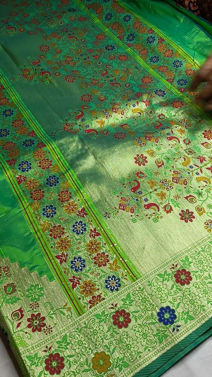 PISTA GREEN TEMPLE SEQUIN BANARASI KATAN SILK SAREE