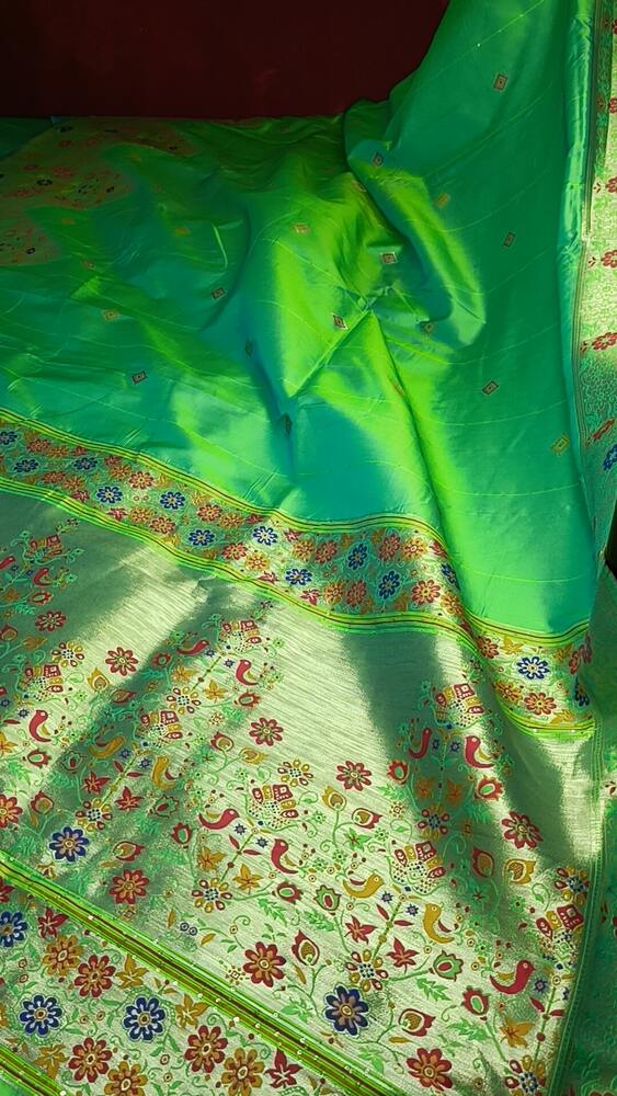 PISTA GREEN TEMPLE SEQUIN BANARASI KATAN SILK SAREE