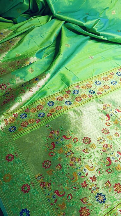 PISTA GREEN TEMPLE SEQUIN BANARASI KATAN SILK SAREE