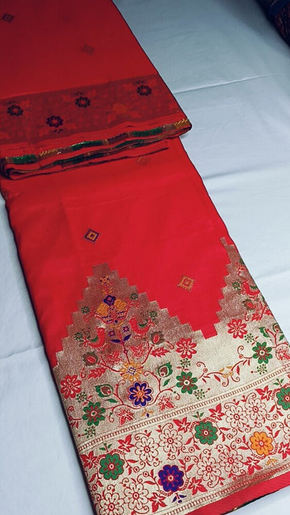 RED TEMPLE SEQUIN BANARASI KATAN SILK SAREE