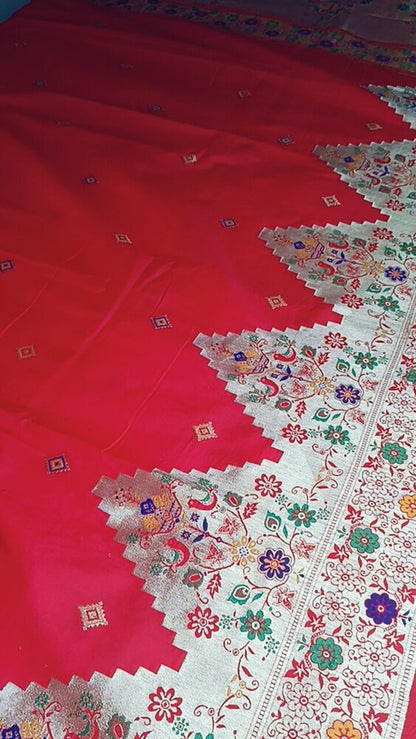 RED TEMPLE SEQUIN BANARASI KATAN SILK SAREE