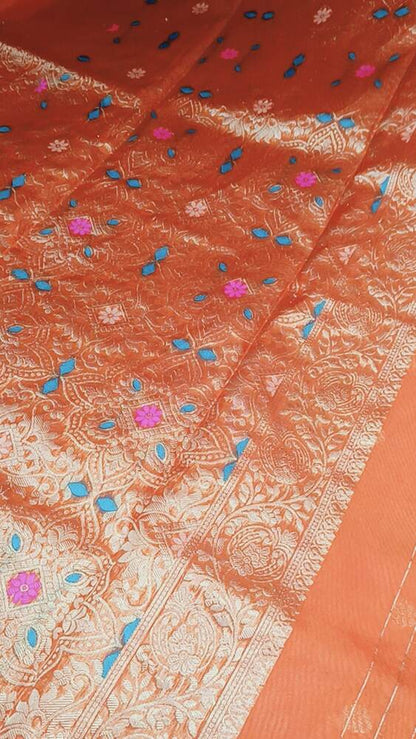 CARROT ORANGE LEHARIYA MEENAKARI BANARASI ORGANZA SAREE