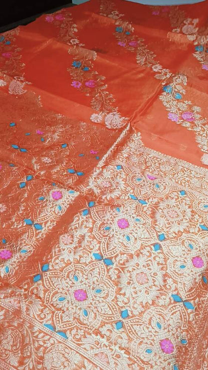 CARROT ORANGE LEHARIYA MEENAKARI BANARASI ORGANZA SAREE