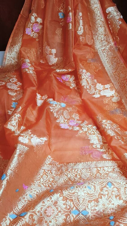 CARROT ORANGE LEHARIYA MEENAKARI BANARASI ORGANZA SAREE