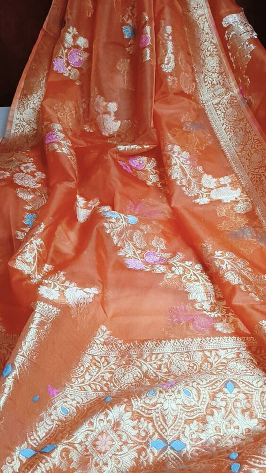 CARROT ORANGE LEHARIYA MEENAKARI BANARASI ORGANZA SAREE