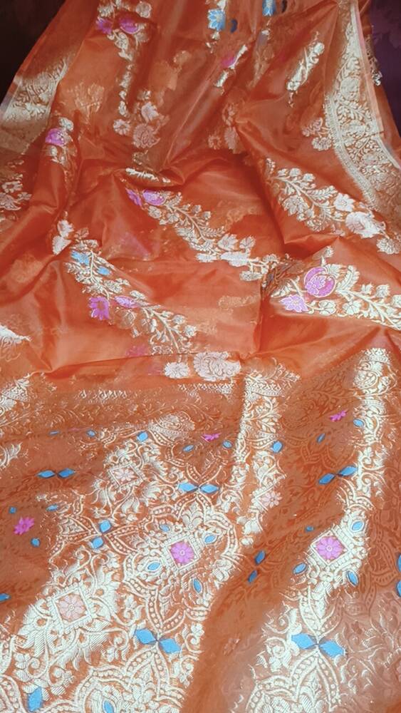 CARROT ORANGE LEHARIYA MEENAKARI BANARASI ORGANZA SAREE