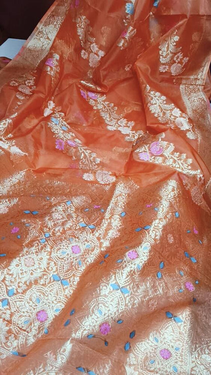 CARROT ORANGE LEHARIYA MEENAKARI BANARASI ORGANZA SAREE