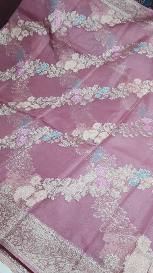 ONION PINK LEHARIYA MEENAKARI BANARASI ORGANZA SAREE