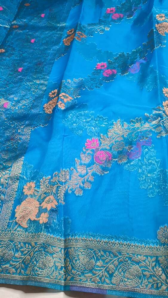 BLUE LEHARIYA MEENAKARI BANARASI ORGANZA SAREE