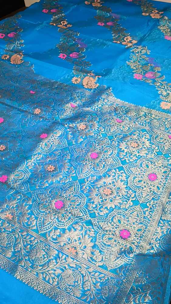 BLUE LEHARIYA MEENAKARI BANARASI ORGANZA SAREE