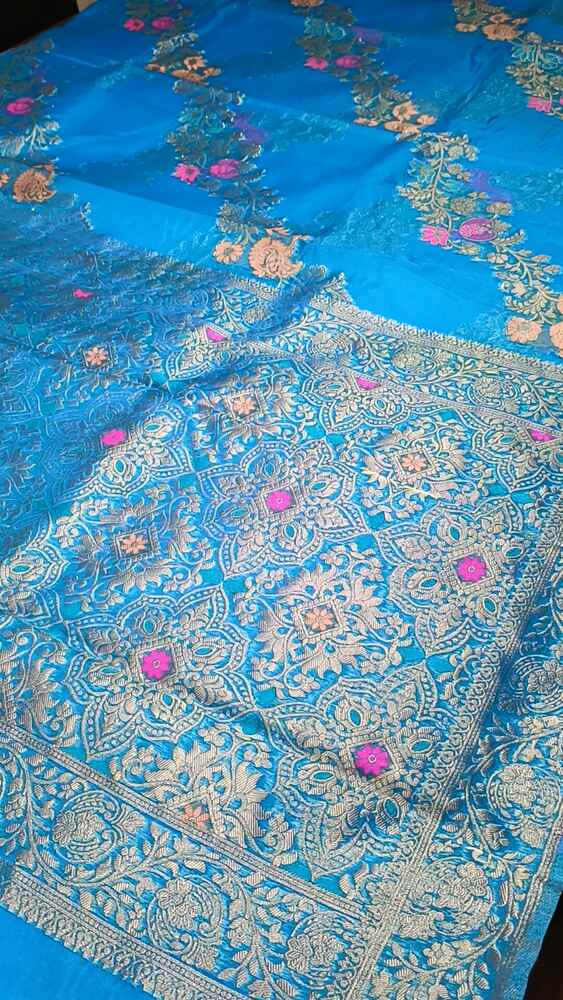 BLUE LEHARIYA MEENAKARI BANARASI ORGANZA SAREE