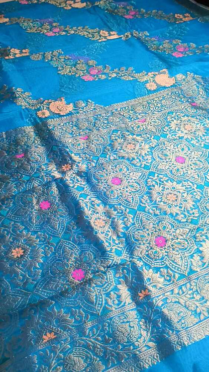 BLUE LEHARIYA MEENAKARI BANARASI ORGANZA SAREE