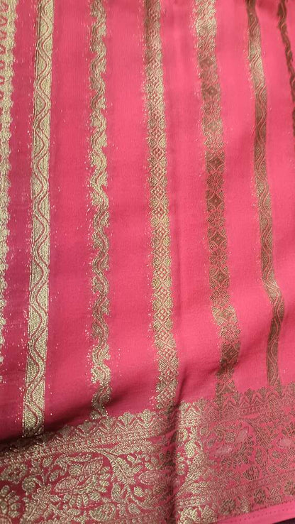 RED STRIPED BANARASI KHADDI GEORGETTE SAREE (Copy)