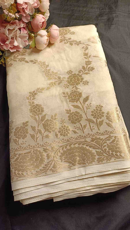 OFF-WHITE ROSE JAAL BANARASI GEORGETTE SAREE