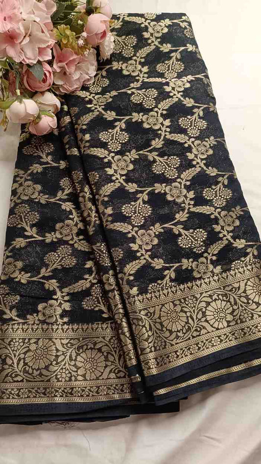 NAVY BLACK TRIFLORAL JAAL BANARASI KHADDI GEORGETTE SAREE