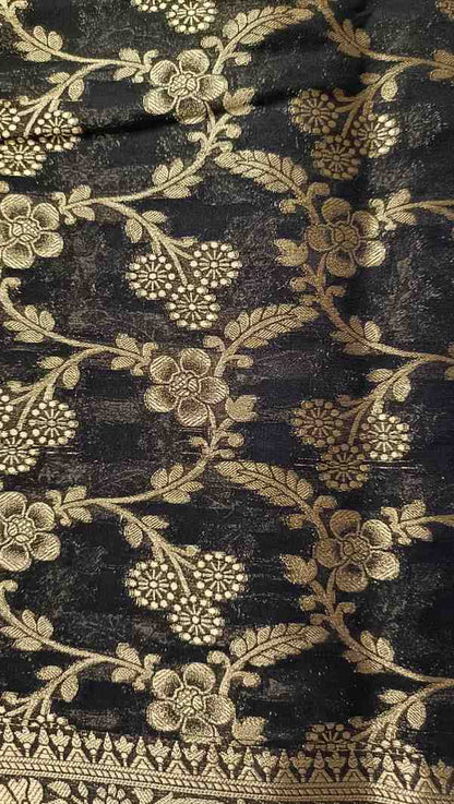 NAVY BLACK TRIFLORAL JAAL BANARASI KHADDI GEORGETTE SAREE