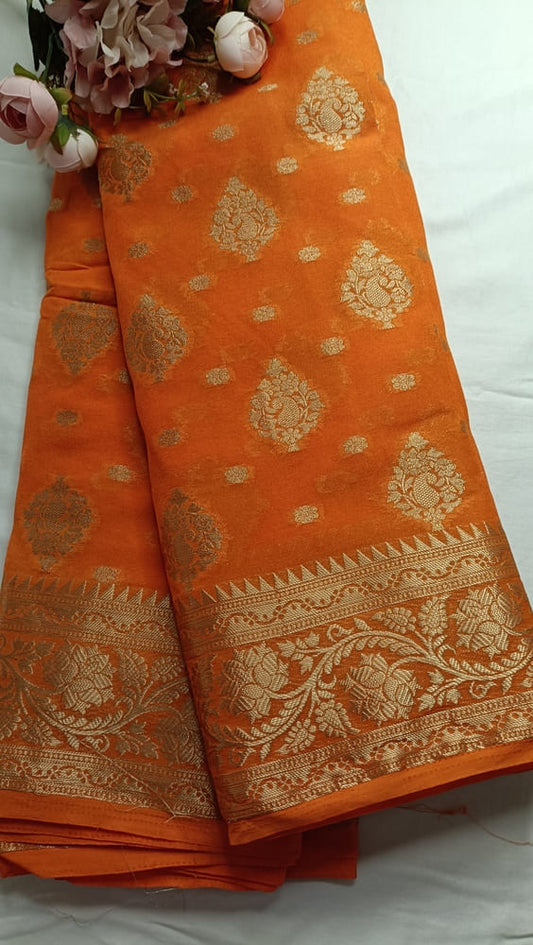 ORANGE MANGO LEAF BUTTA BUTI BANARASI GEORGETTE SAREE