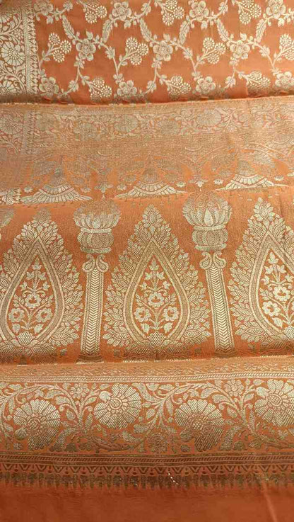 ORANGE TRIFLORAL JAAL BANARASI KHADDI GEORGETTE SAREE