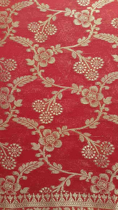 RED TRIFLORAL JAAL BANARASI KHADDI GEORGETTE SAREE