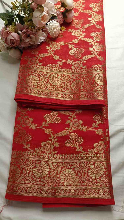 RED TRIFLORAL JAAL BANARASI KHADDI GEORGETTE SAREE