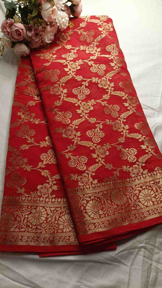 RED TRIFLORAL JAAL BANARASI KHADDI GEORGETTE SAREE