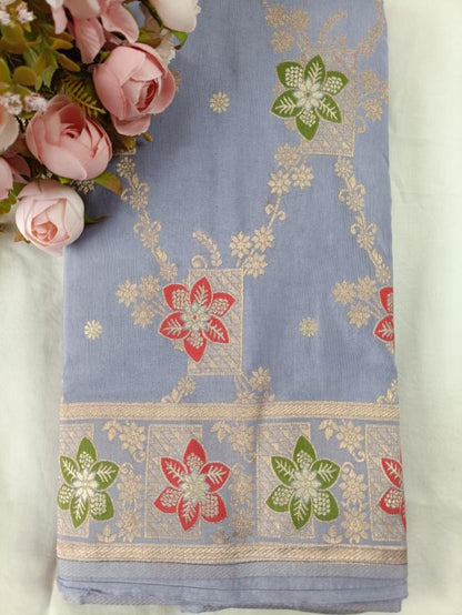 GREYISH BLUE FLORAL JAAL MEENA BANARASI VISCOSE SAREE